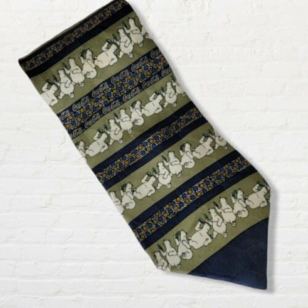 Coca Cola Silk Tie Polar Bear Coke Logo Pattern Green and Blue 100% Silk
